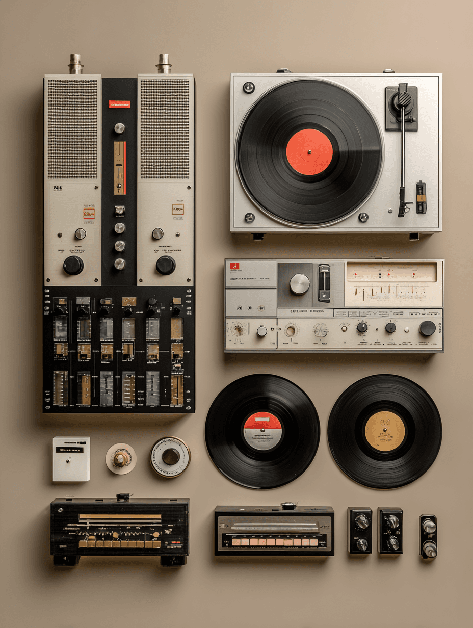 Composition murale d'elements audio old school et vinyles.