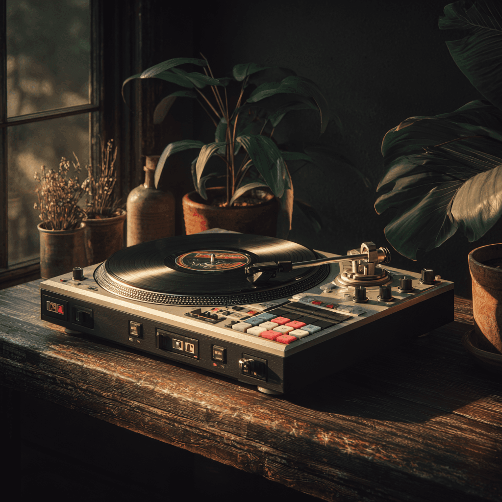 Platine vinyle avec pads dans une ambiance sombre et vegetale.
